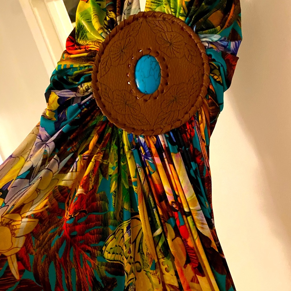 Sky maxi halter dress with leather emblem. XS.